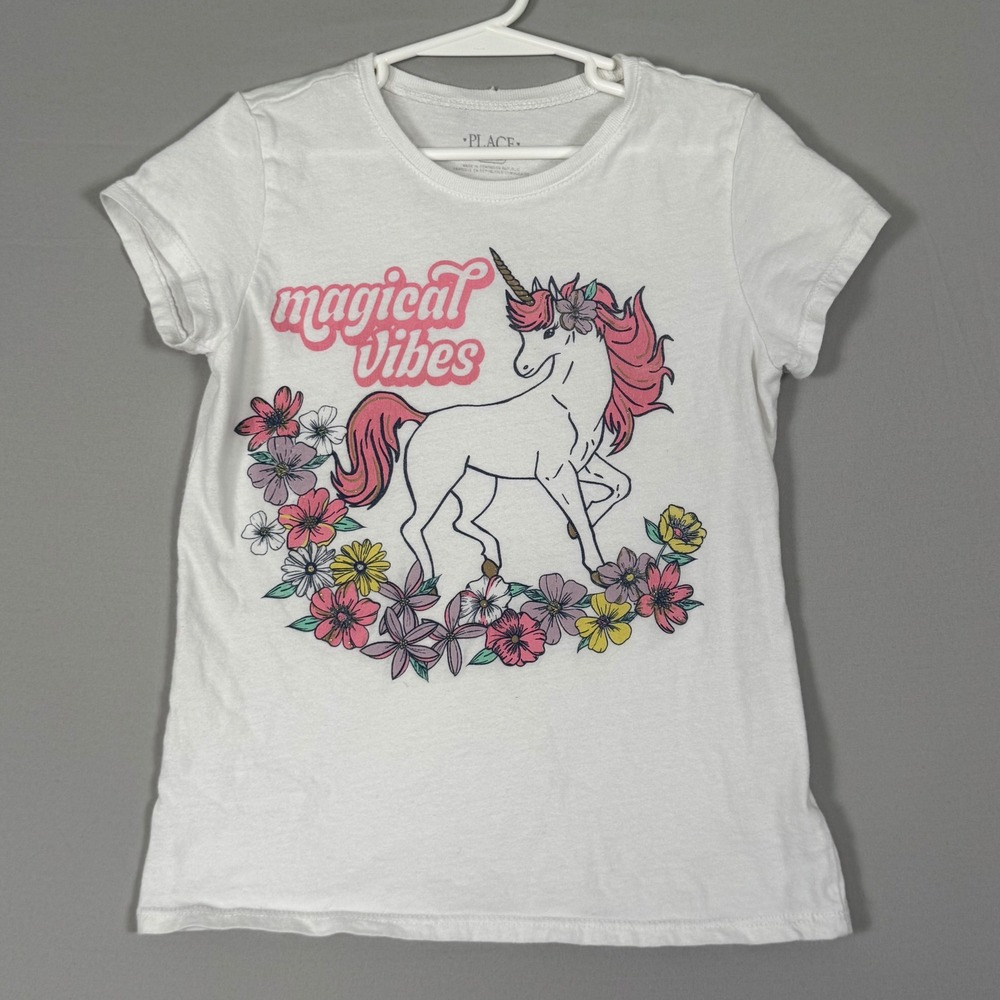 The Childrens Place Graphic Tee Kids Size M 7/8 White Excellent Unicorn Floral
